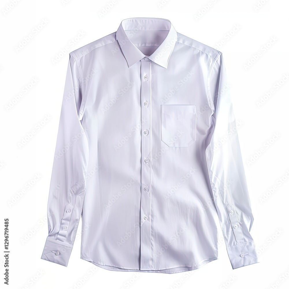 Fototapeta premium A plain white long-sleeve dress shirt with a button-up design and a chest pocket. isolated on white background