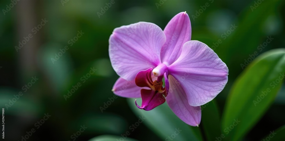 Soft pinkish-purple petals of the orchid against a dark green leaf, garden, orchid, plant Soft pinkish-purple petals of the orchid against a dark green leaf, garden, orchid, plant