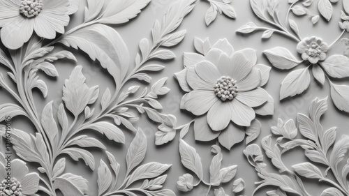 Wallpaper Mural Elegant White 3D Floral Design Intricate Bas Relief Gray Background Decorative Wallpaper Nature Torontodigital.ca