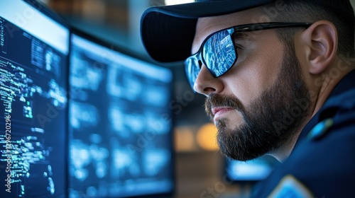 Focused Officer Analyzing Cybersecurity Data