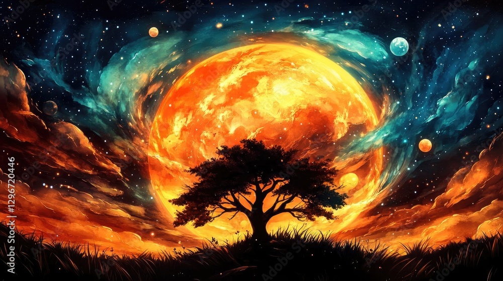 Solitary Tree Silhouetted Against Giant Planets and Nebula, Cosmic Landscape Solitary Tree Silhouetted Against Giant Planets and Nebula, Cosmic Landscape