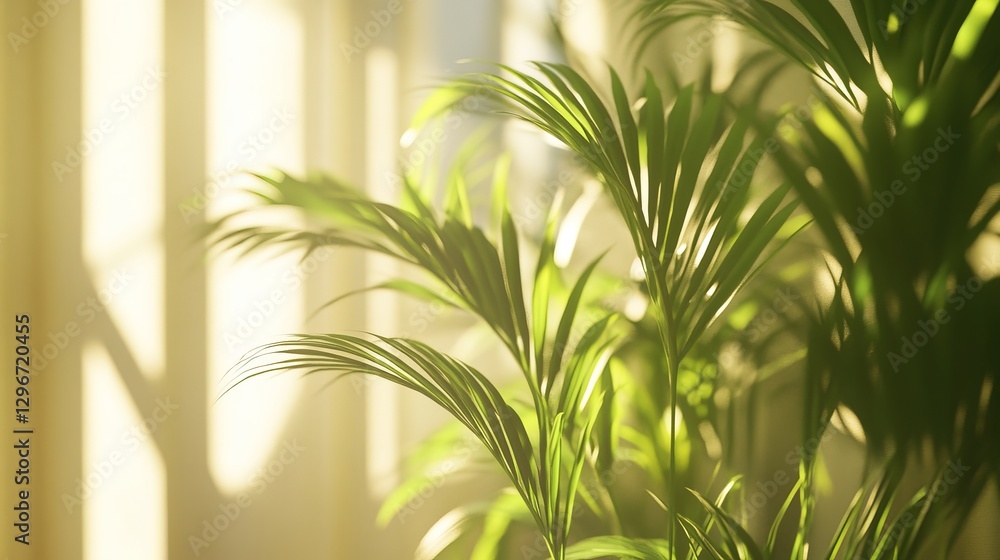 Obraz premium Soft and blurred minimalist space with green plants and warm sunlight casting gentle shadows, creating a refreshing, calm, and healing atmosphere, perfect for therapeutic visual experiences.