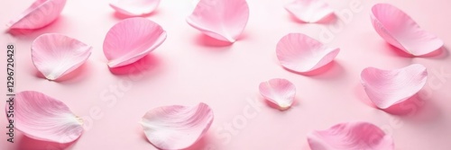 Soft pink rose petals scattered on a white background, soft pink, texture
