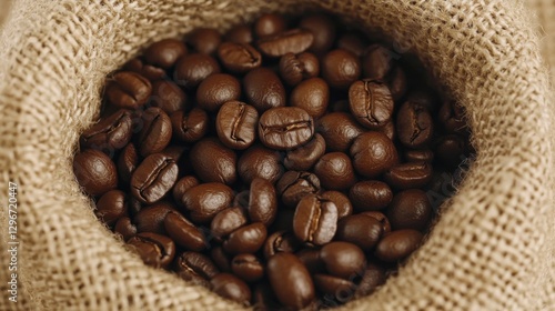 Freshly Roasted Coffee Beans in Jute Bag on Rustic Wooden Surface