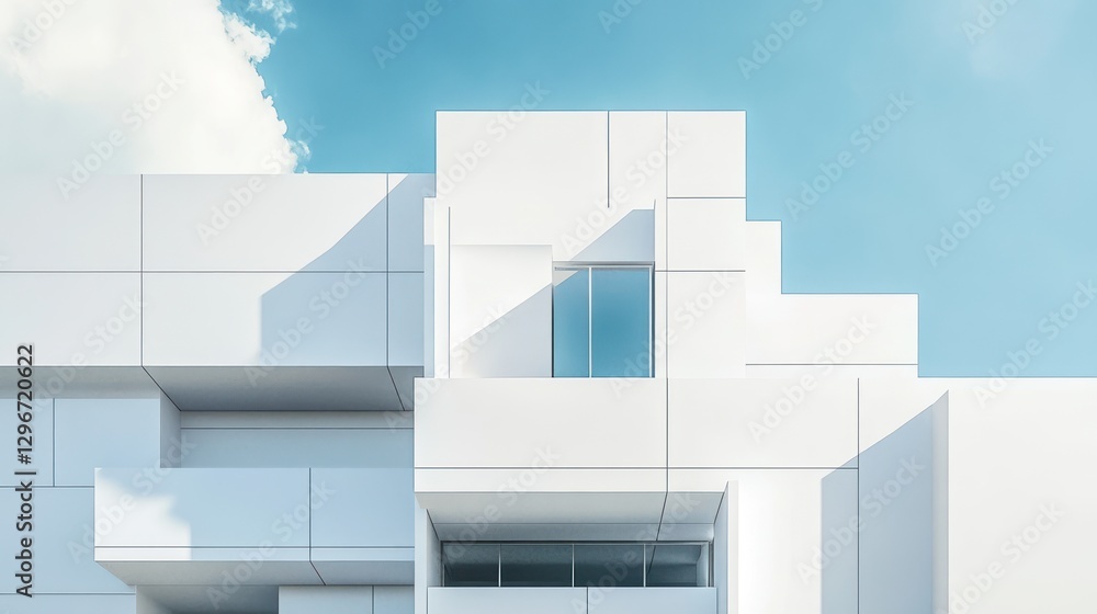 Modern white building facade with large windows, sunny day Modern white building facade with large windows, sunny day