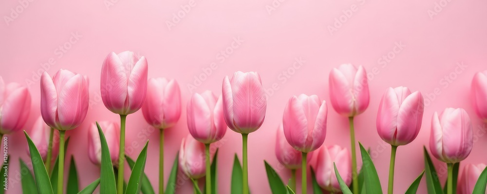 Fototapeta premium Soft pink tulips bloom in a serene field on a pale pink background, blossom, flowers