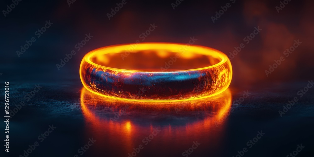 Mystical glowing ring rests on dark surface, emanating fiery aura in enchanted fantasy setting Mystical glowing ring rests on dark surface, emanating fiery aura in enchanted fantasy setting