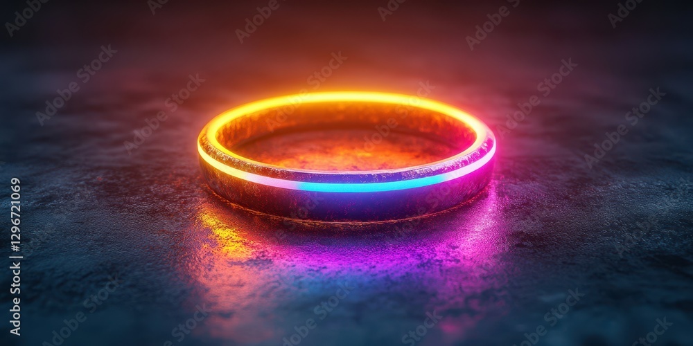Colorful neon ring illuminated on a textured surface in a dark setting with reflections and glowing effects Colorful neon ring illuminated on a textured surface in a dark setting with reflections and glowing effects