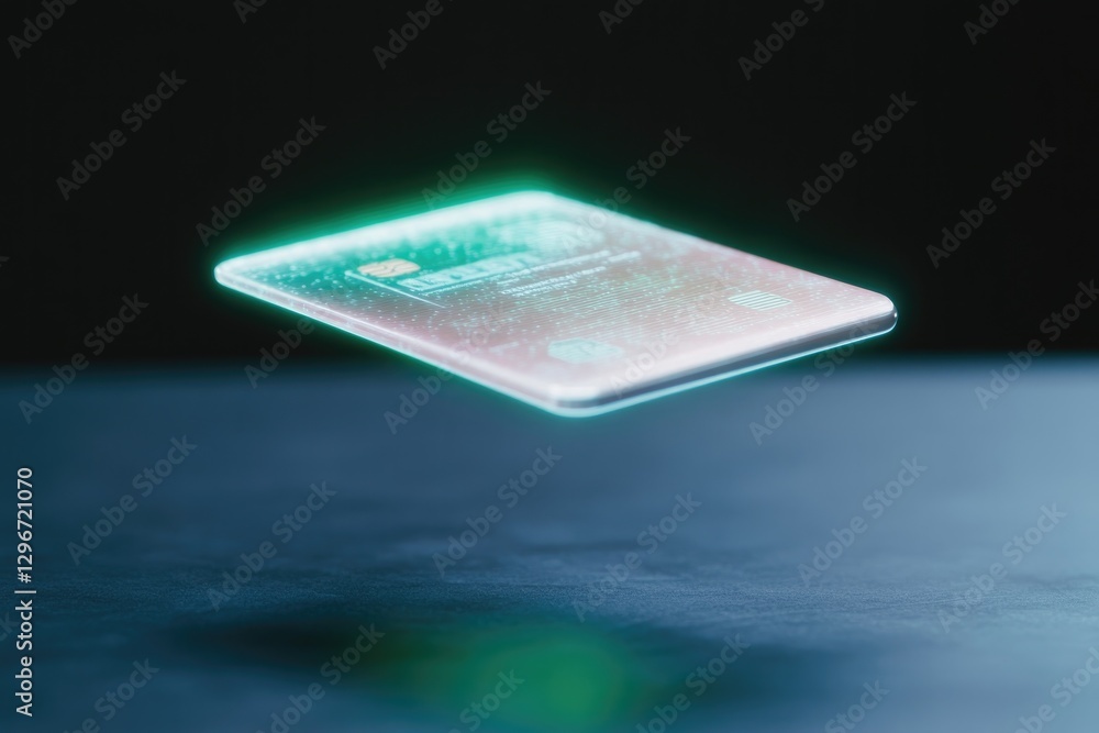 Floating digital card emits soft glow against dark backdrop, sho Floating digital card emits soft glow against dark backdrop, sho