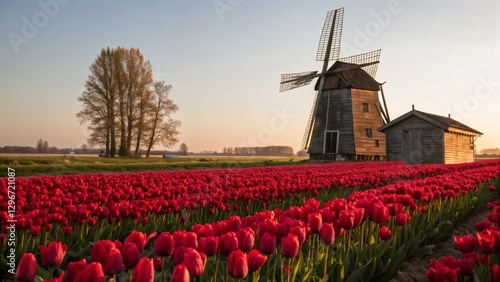 Windmill in a tulip field during sunset