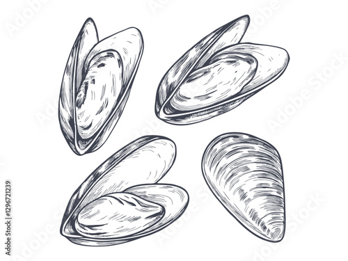 Hand-drawn sketch illustration of a mussels in vintage etching style. Detailed line art with textured shading, perfect for menus, packaging, and sea food designs