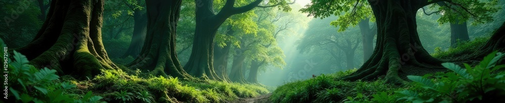 Obraz premium Towering trees form a natural barrier around the fort, giant ferns, dense undergrowth