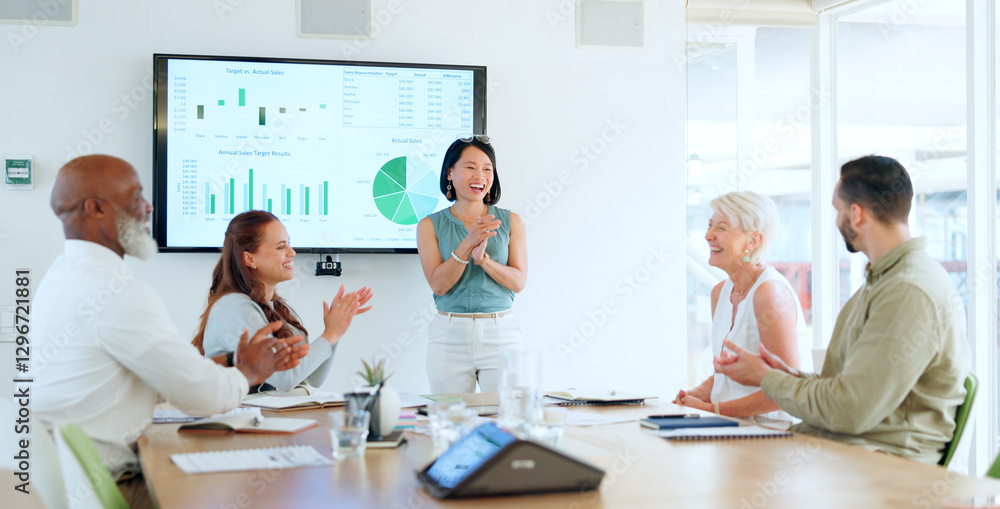 Business people, presentation and applause for finance success, growth and achievement, leader happy about graph with sales, SEO or kpi infographic. Men and women in meeting for performance results Business people, presentation and applause for finance success, growth and achievement, leader happy about graph with sales, SEO or kpi infographic. Men and women in meeting for performance results