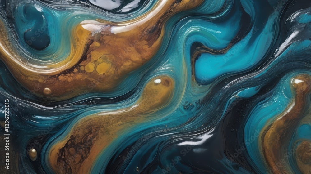 Abstract Fluid Art Swirling Teal Gold and Black Acrylic Paint Texture