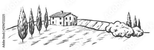 Hand-drawn sketch illustration of a Tuscany landscape, featuring rolling hills, agricultural fields, and rustic charm. Perfect for travel, farm, and countryside-themed designs.