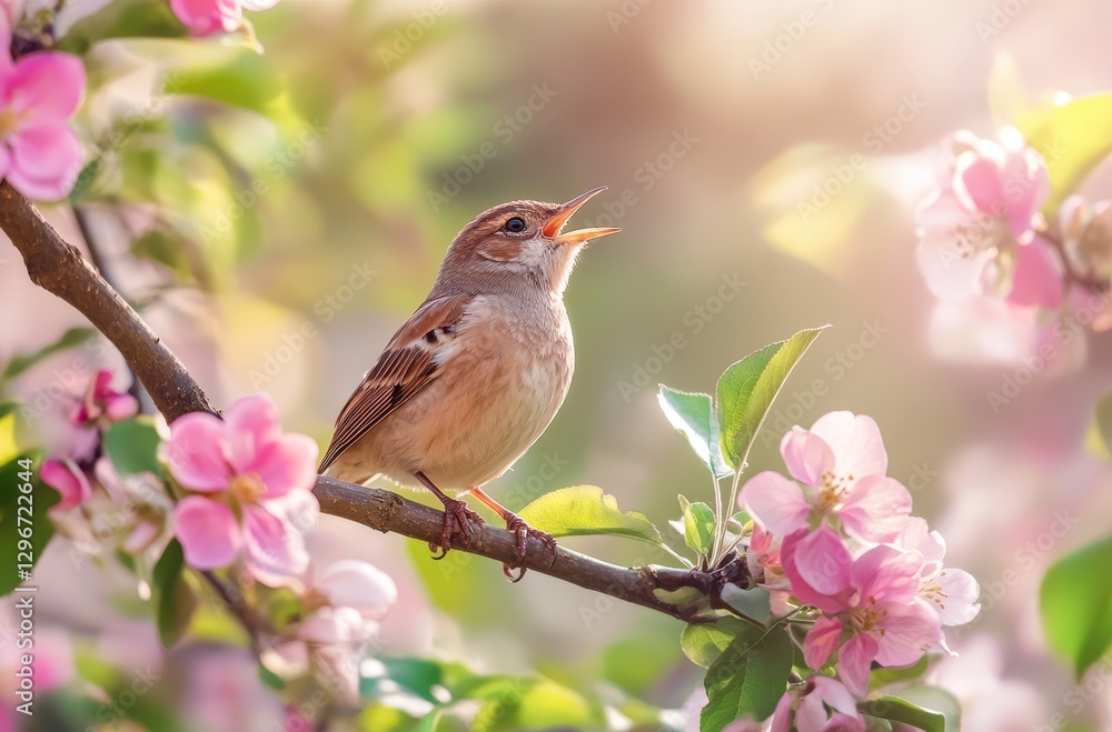 Beautiful songbird perched on a branch surrounded by blooming pink flowers in a serene spring garden setting, capturing nature's vibrant colors and life Beautiful songbird perched on a branch surrounded by blooming pink flowers in a serene spring garden setting, capturing nature's vibrant colors and life