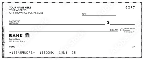 Bank check, vector blank money cheque, checkbook template with guilloche pattern and fields. Currency payment coupon, money check background