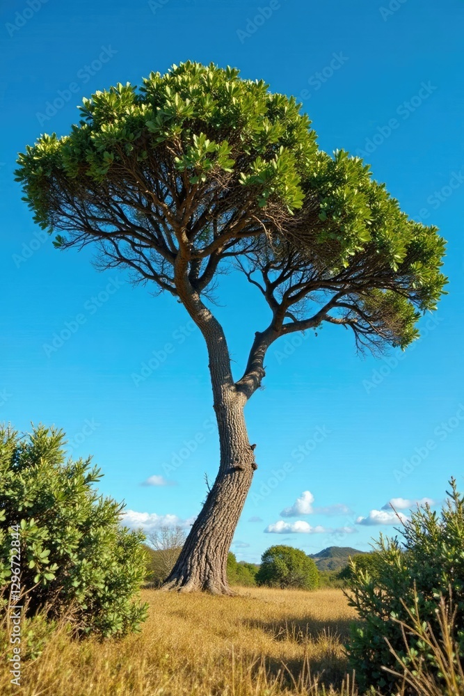 Obraz premium Twisted branches of acacia tree against bright blue sky, foliage, nature