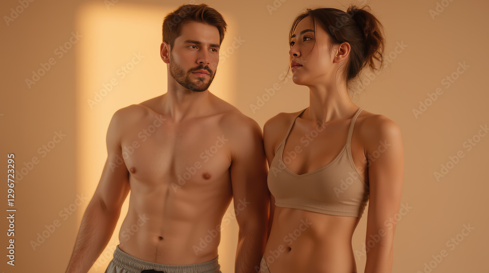 Fototapeta premium man and woman with athletic builds stand together in warm toned setting, showcasing their fit physiques and confident expressions