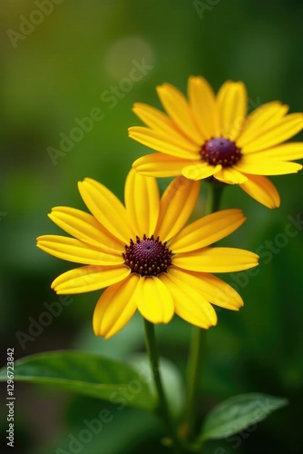 Yellow daisies with dark maroon centers glistening in dewy morning light, freshness, morning, green