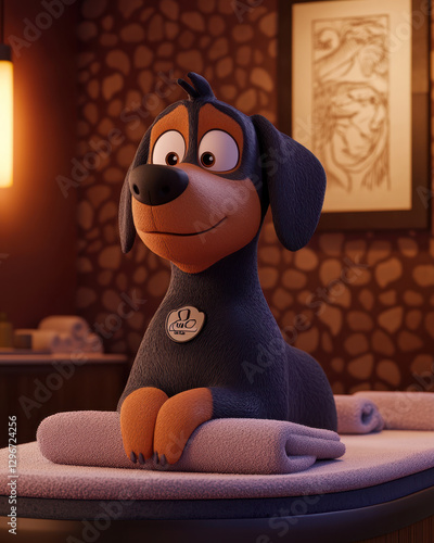 Cartoon Dog Relaxing in a Spa Setting, Exuding Calmness and Comfort During a Soothing Evening Experience