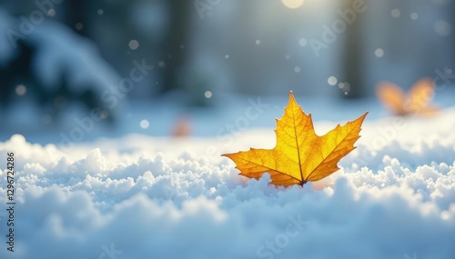 Yellow leaf floats serenely on snowy landscape, winter wonderland, snowflakes