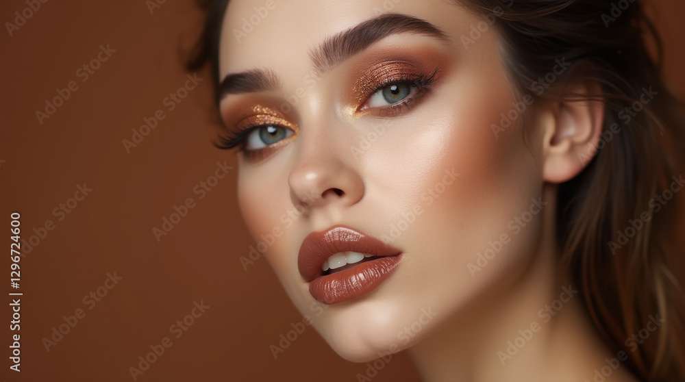 Fototapeta premium Beautiful brunette with bright makeup on brown background