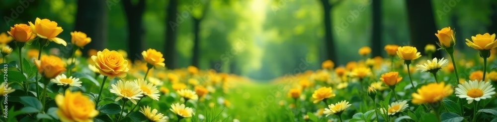Yellow roses and gerbera daisies in a lush green garden amidst tall trees, green, garden, trees Yellow roses and gerbera daisies in a lush green garden amidst tall trees, green, garden, trees