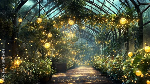 A magical greenhouse with glowing golden orbs floating among lush green plants, illuminated by soft ambient light through the glass ceiling, creating an enchanting, fairytale-like atmosphere
