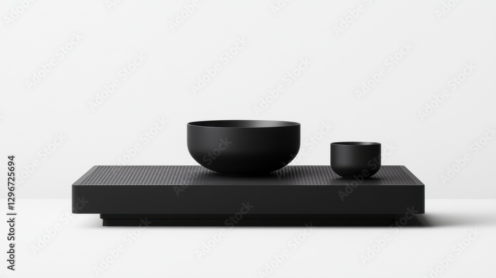 Minimalistic black ceramic bowls and containers arranged on a textured black platform against a clean white background for stylish home decor Minimalistic black ceramic bowls and containers arranged on a textured black platform against a clean white background for stylish home decor