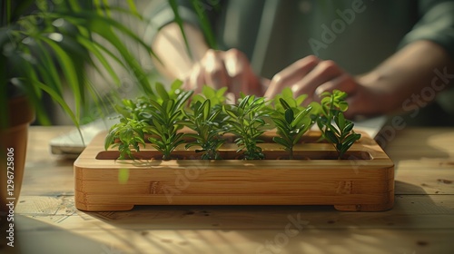 Green House Plant Care with Hands on Wooden Table Close-Up