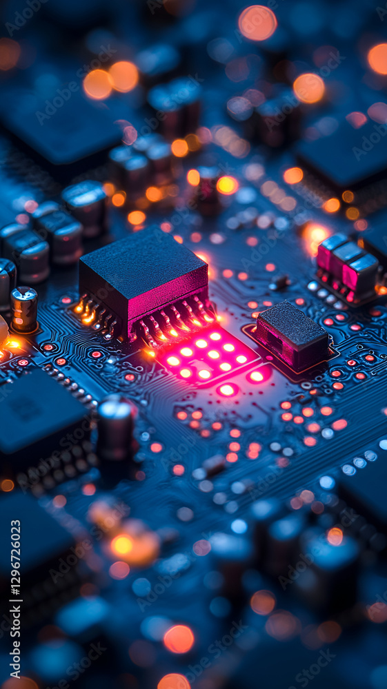 Obraz premium High tech circuit board with glowing components and intricate details