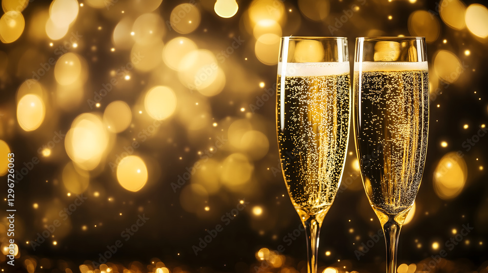 Two champagne glasses and golden illumination bokeh background Two champagne glasses and golden illumination bokeh background