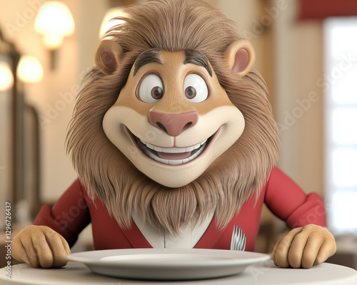 Friendly Cartoon Lion Eagerly Awaiting a Meal in a Cozy Dining Room Setting During Daytime