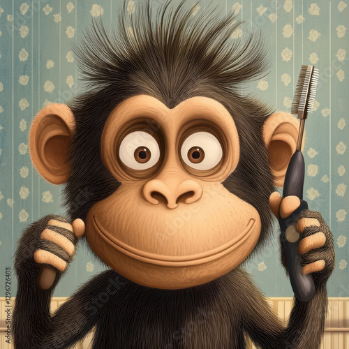 Cartoon Monkey Holding a Toothbrush in a Colorful Bathroom Setting During Morning Routine