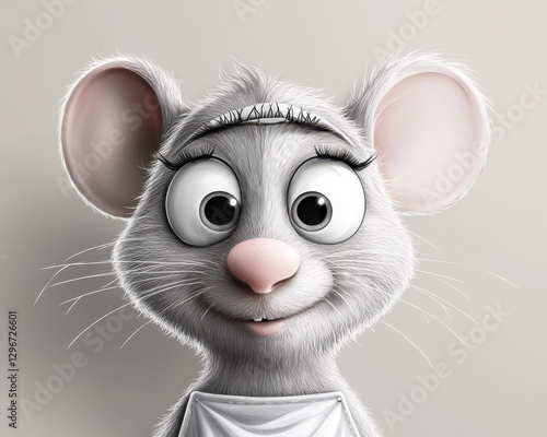 Cute Cartoon Mouse Character With Big Eyes and Fluffy Ears Smiles Cheerfully in a Simple Color Background