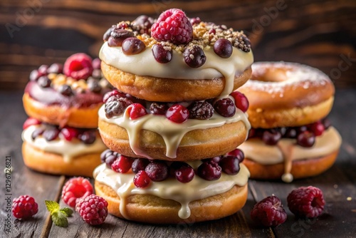 mouth-watering doughnuts stacked on top of each other, slightly melting in dark and white chocolate, topped with freeze-dried fruit