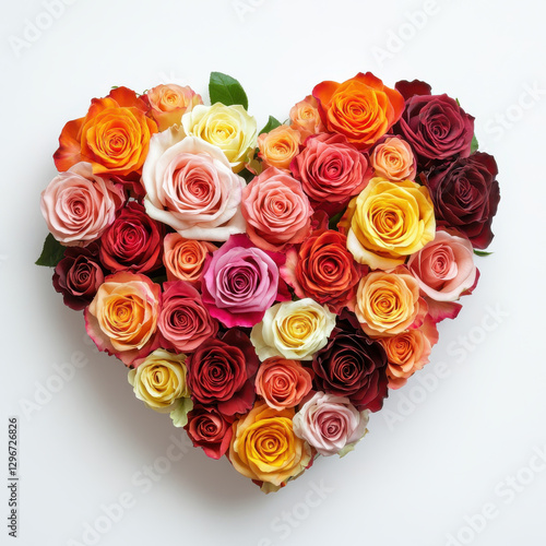 vibrant heart shaped arrangement of colorful roses, symbolizing love and affection. This beautiful floral display features various shades of red, pink, orange, and yellow roses, perfect for
