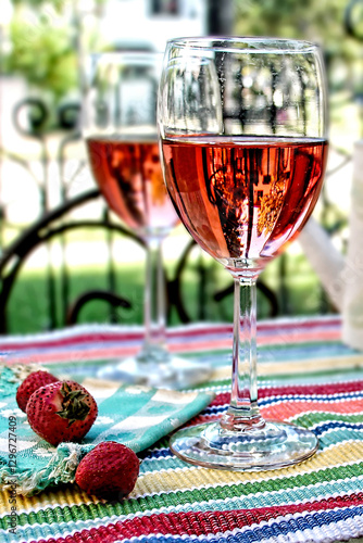 Wine glasses with rose win on a patio table heat two strawberries