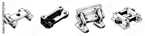 Detailed hand drawn vector illustration of mechanical components showcasing various designs and structures for engineering applications