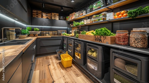 Modern Sustainable Kitchen with Fresh Produce and Organized Storage