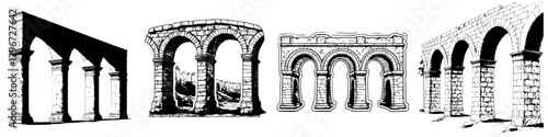 Hand drawn vector illustrations of various architectural arches in a historical setting