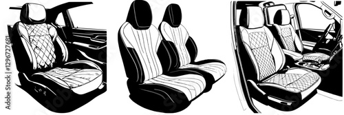 Hand-drawn vector illustration of car interior design featuring detailed seat sketches with unique patterns and textures