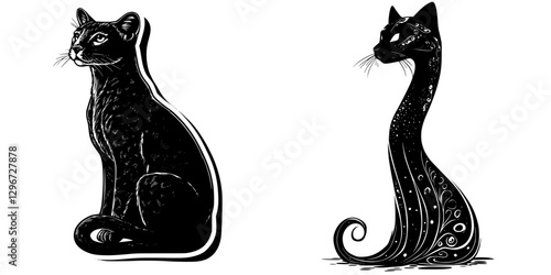 Creative black cat vector illustration with artistic design elements showcasing different feline styles