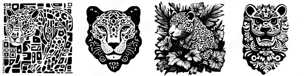 Hand drawn vector illustrations of various big cats depicting artistic styles and tribal elements with floral backgrounds Hand drawn vector illustrations of various big cats depicting artistic styles and tribal elements with floral backgrounds