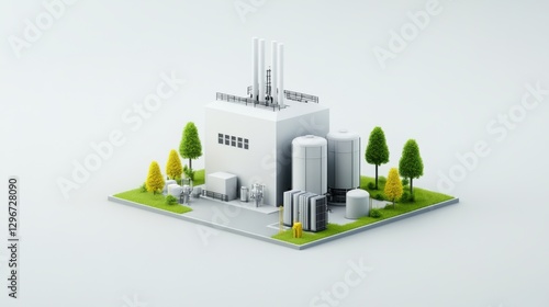 Modern Industrial Facility Surrounded by Green Trees with Storage Tanks and Cooling Towers for Manufacturing Operations