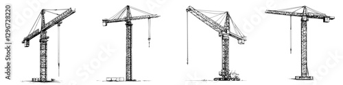 Hand drawn vector illustration of multiple construction cranes at a building site during the day
