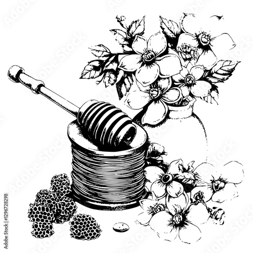 Hand drawn vector sketch featuring honey dipper, flowers, and berries displayed on a table