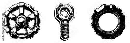 Hand-drawn vector illustration of three mechanical parts including a wheel, a bolt, and a nut in a minimalist style