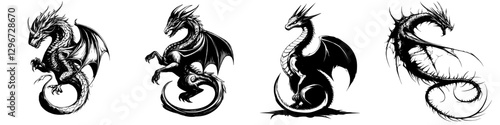 Dragon designs showcasing various styles, poses and features in a hand drawn vector illustration sketch